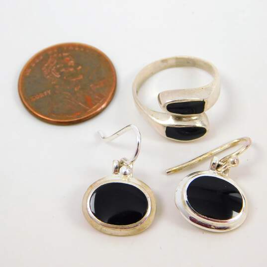 Artisan 925 Modernist Onyx Oval Drop Earrings Black Enamel Chunky Square Tension Bangle Bracelet & Bypass Band Ring 18.8g image number 7