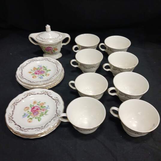 Edwin M Knowles China Co. Floral Design Tea Cups and Service Set (8 Cups, Sugar Bowl With Lid, 9 Plates) image number 1