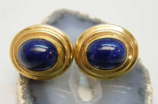 14K Gold Sodalite Cabochon Oval Ridged Post Earrings 3.0g image number 1