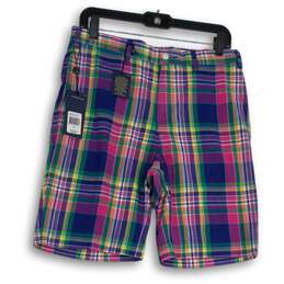 NWT Mens Multicolor Plaid Flat Front Slash Pockets Chino Shorts Size 30