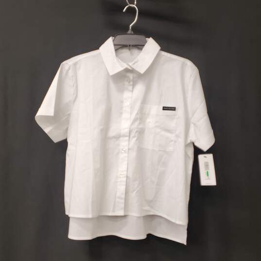Calvin Klein Jeans White Crop Button Up Sz L Nwt image number 1