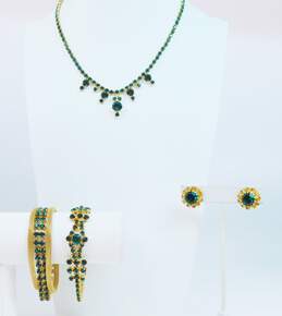 VNTG Mid Century Green Rhinestone Polished & Meshed Gold Tone Jewelry