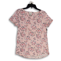 NWT Womens Pink Floral V-Neck Short Sleeve Pullover T-Shirt Size Large