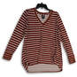 Womens Red White Striped Long Sleeve V Neck Stretch Pullover T-Shirt Sz 2X image number 1