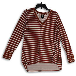 Womens Red White Striped Long Sleeve V Neck Stretch Pullover T-Shirt Sz 2X