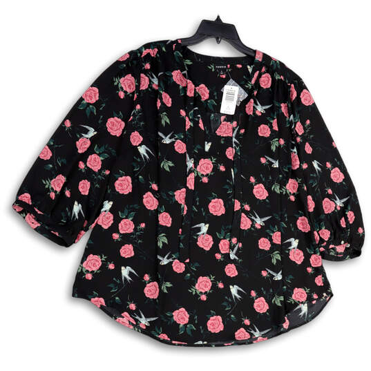 Womens Black Pink Floral V-Neck 3/4 Sleeve Pullover Blouse Top Size 3 image number 1
