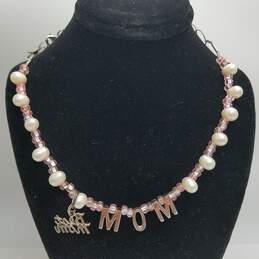 Sterling Silver Pink Bead & FW Pearl Best Mom 17inch Necklace 13.6g