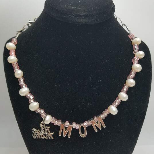 Sterling Silver Pink Bead & FW Pearl Best Mom 17inch Necklace 13.6g image number 1