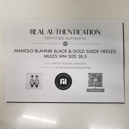 Manolo Blahnik Black & Gold Suede Heeled Mules Women's Size 8 image number 2