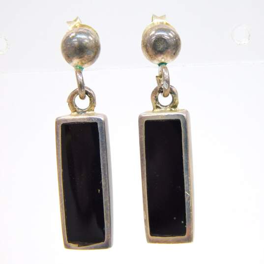Artisan 925 Marcasite & Onyx & Inlay Rectangle Drop & Stud Post Earrings 9.8g image number 2
