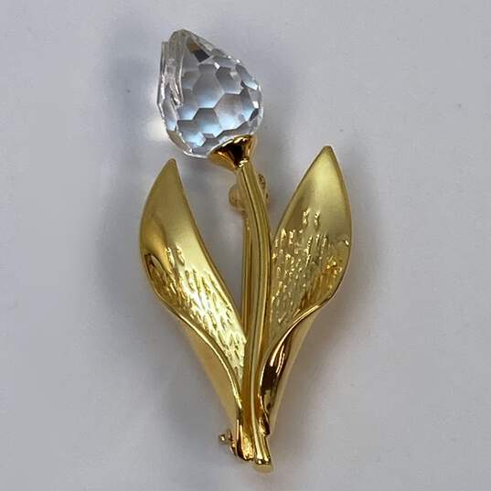 Designer Swarovski Gold-Tone Small Clear Crystal Tulip Flower Brooch Pin image number 3
