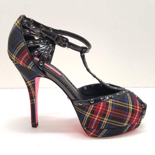 Betsey Johnson Plaid Studded Heels Red 7.5 image number 2