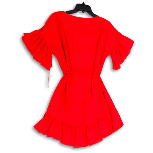 Womens Red Round Neck Short Sleeve Ruffle Hem Pullover Mini Dress Size S image number 2