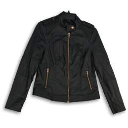 APT.9 Womens Black Leather Full Zip Long Sleeve Pockets Biker Jacket Size Small