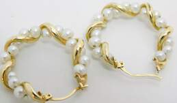 10K Gold White Pearls Beaded & Twisted Hoop Earrings 4.6g alternative image