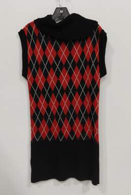 Women's Red Black Argyle Turtle Neck Knit Dress Size L