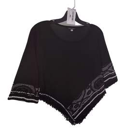 Womens Black White Fringe 3/4 Sleeve Round Neck Poncho Sweater Size Medium