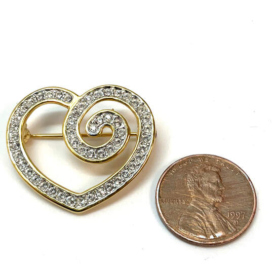 Designer Swarovski Gold-Tone Clear Rhinestone Swirl Heart Brooch Pin image number 2
