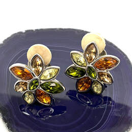 Designer Swarovski Silver-Tone Multicolor Floral Clip On Stud Earrings