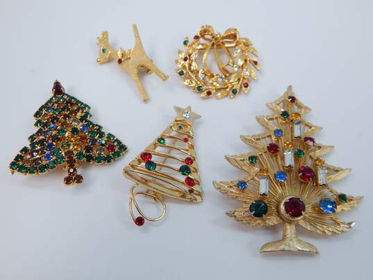 VNTG/MOD Icy Rhinestone & Gold Tone Christmas Brooches 51.2g image number 1