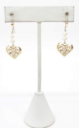14K Yellow Gold Filigree Heart Pearl Earrings 1.5g