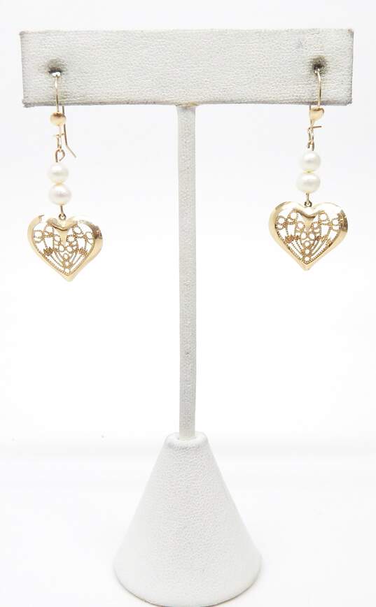 14K Yellow Gold Filigree Heart Pearl Earrings 1.5g image number 1