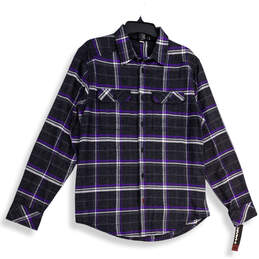 NWT Mens Purple Gray Plaid Collared Flap Pocket Button-Up Shirt Size Medium