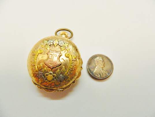 Antique 1897 Elgin 14K Tri Color Gold 0.06CT Diamond 15 Jewels Pocket Watch 41.8g image number 3