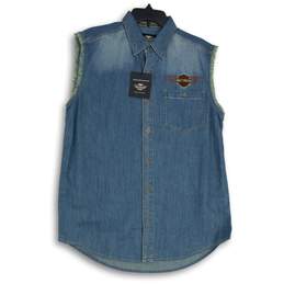 NWT Harley-Davidson Mens Blue Denim Embroidered Sleeveless Button-Up Shirt Sz M