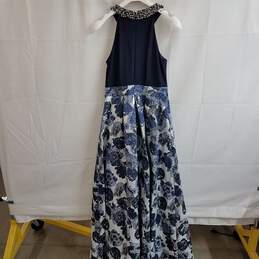 Eliza J navy floral jacquard beaded halter ball gown dress 8