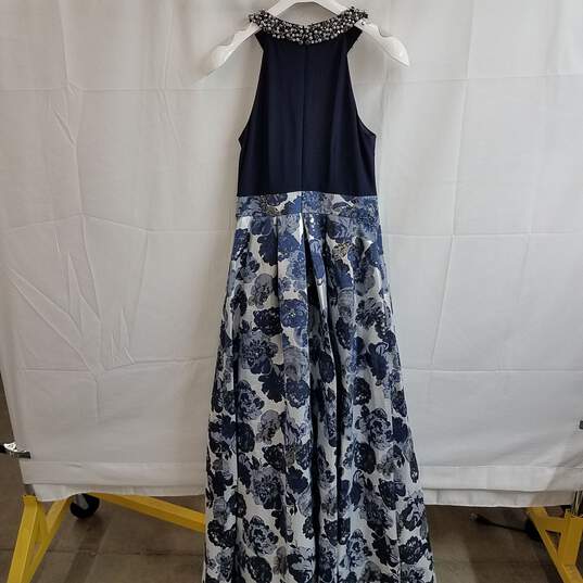 Eliza J navy floral jacquard beaded halter ball gown dress 8 image number 1