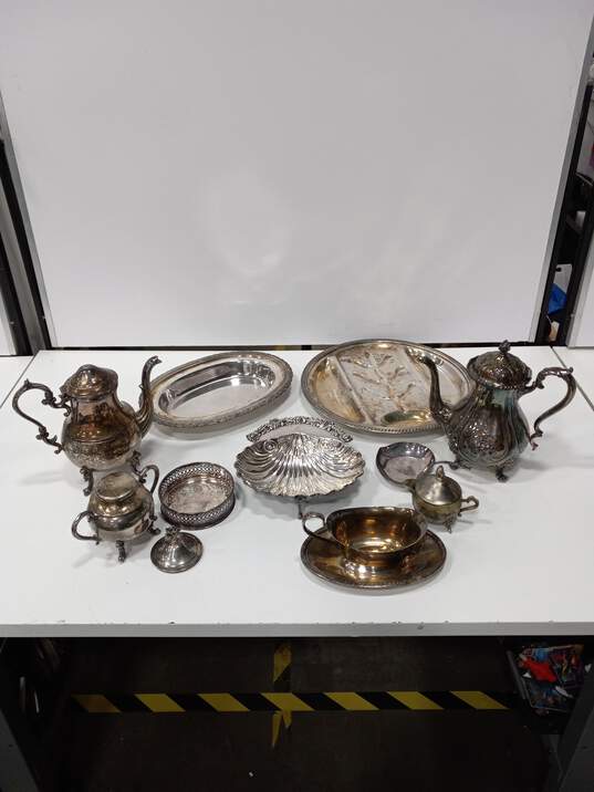 9pc Bundle of Assorted Silver Plated Serving Teapots Sugar Bowl Creamer Trays image number 1
