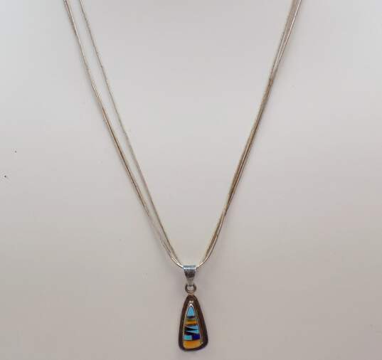 Signed VC Zuni 925 Southwestern Turquoise Lapis Lazuli Spiny Oyster & Onyx Inlay Triangle Pendant Multi Strand Liquid Silver Chain Necklace 4.9g image number 1