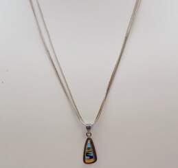 Signed VC Zuni 925 Southwestern Turquoise Lapis Lazuli Spiny Oyster & Onyx Inlay Triangle Pendant Multi Strand Liquid Silver Chain Necklace 4.9g