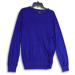 Womens Blue Knitted V-Neck Long Sleeve Pullover Sweater Size Large