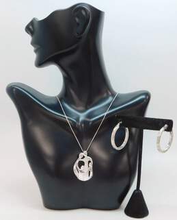 Carolyn Pollack Relios & Artisan 925 Figural Abstract Family Pendant Necklace & Etched Hoop Earrings 14.5g