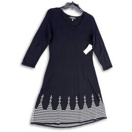 NWT Womens Black White Knitted Long Sleeve Knee Length Sweater Dress Sz M