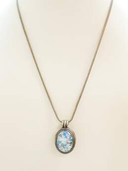 Artisan 925 Opal Chips Mosaic Glass Overlay Chunky Oval Locket Pendant Necklace