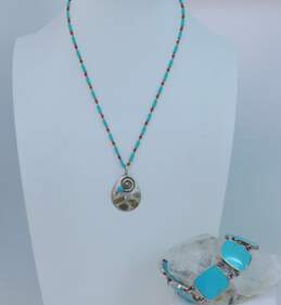 Denna Platero & 925 Southwestern Turquoise Cabochon Spiral Bear Feather Unique Pendant Beaded Necklace & Faux Stone Paneled Bracelet 28.5g