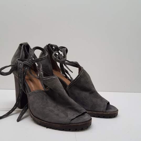 FRYE Suzie Gray Suede Ankle Wrap Strap Peep Toe Block Heels Shoes Size 8 M image number 6
