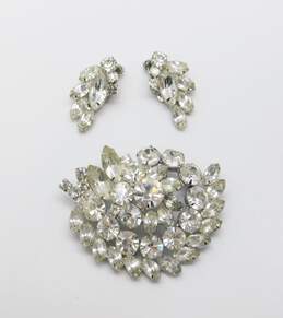 Vintage Weiss Icy Clear Rhinestone Statement Brooch & Clip On Silver Tone Earrings 34.0g