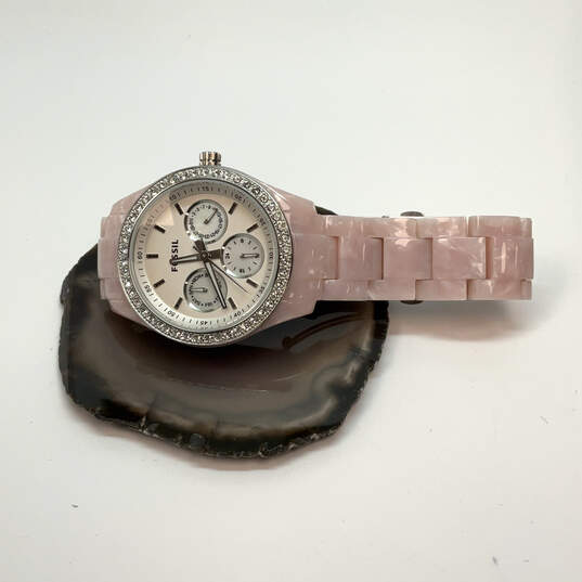 Designer Fossil Stella ES-2791 Pink Acrylic Strap White Analog Wristwatch image number 2