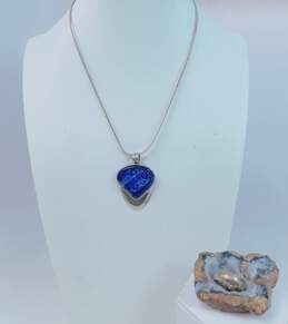 Taxco Mexico & Artisan 925 Modernist Blue Bubbles Art Glass Pendant Herringbone Chain Necklace & Chunky Band Ring 21.2g