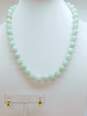 14K Gold Clasp Jade Ball Beaded Necklace & Curved Drop Post Earrings 71.8g image number 1