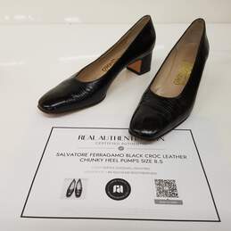 Salvatore Ferragamo Black Croc Leather Chunky Heel Pumps Women's Size 8.5