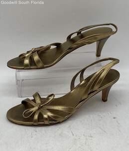 Authentic Salvatore Ferragamo Womens Gold Toned Low Heel Pumps Size 8.5