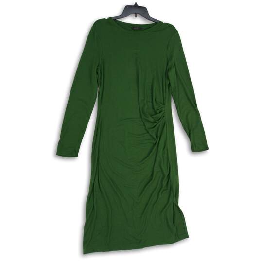Womens Green Round Neck Long Sleeve Ruched Midi Shift Dress Size Large image number 1