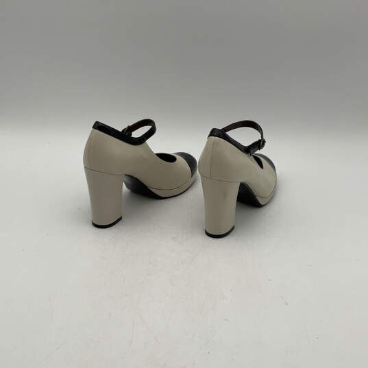 Womens White Black Leather Cap Toe Ankle Strap Block Pump Heels Size 36.5 image number 3