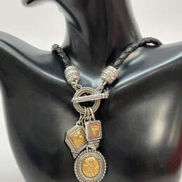 Designer Brighton Two Tone Leather Cord Convertible Lariat Charm Necklace