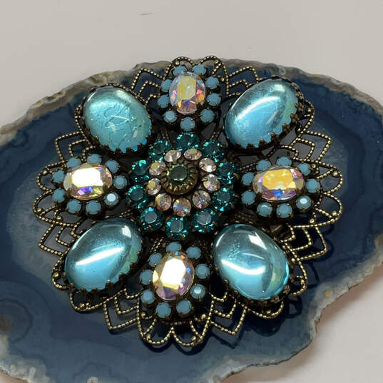 Designer Liz Palacios Gold-Tone Rhinestone Turquoise Crystals Brooch Pin image number 1